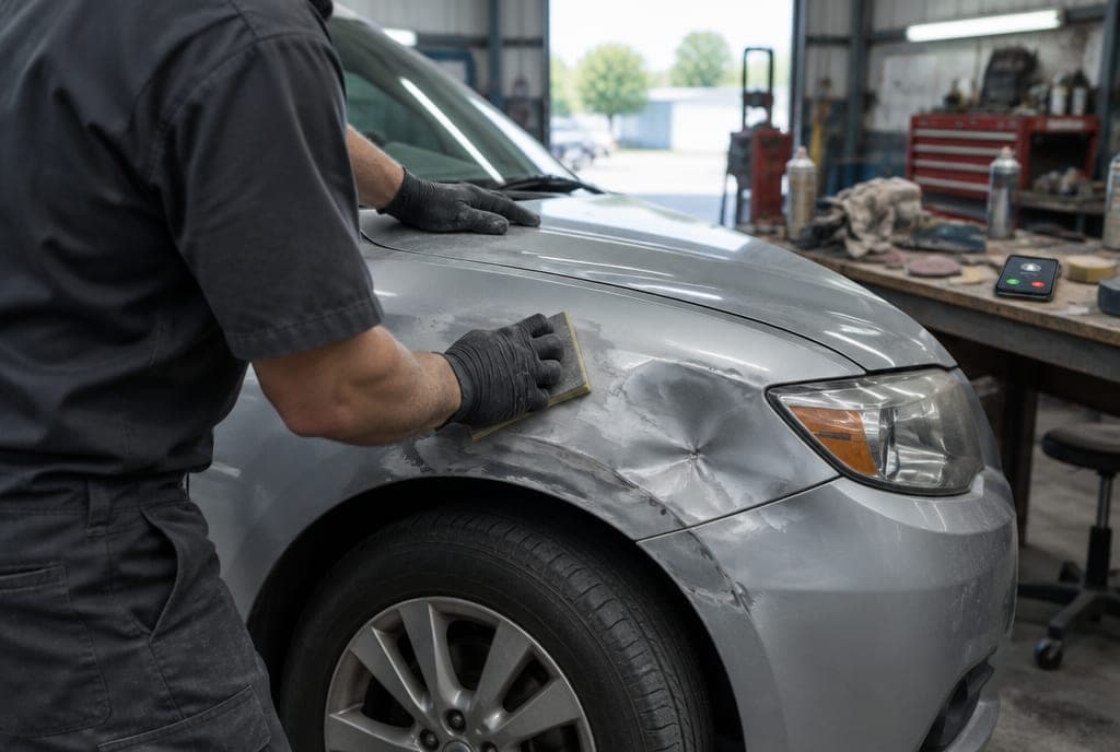 A technician sanding a dented fender while a phone rings on the workbench